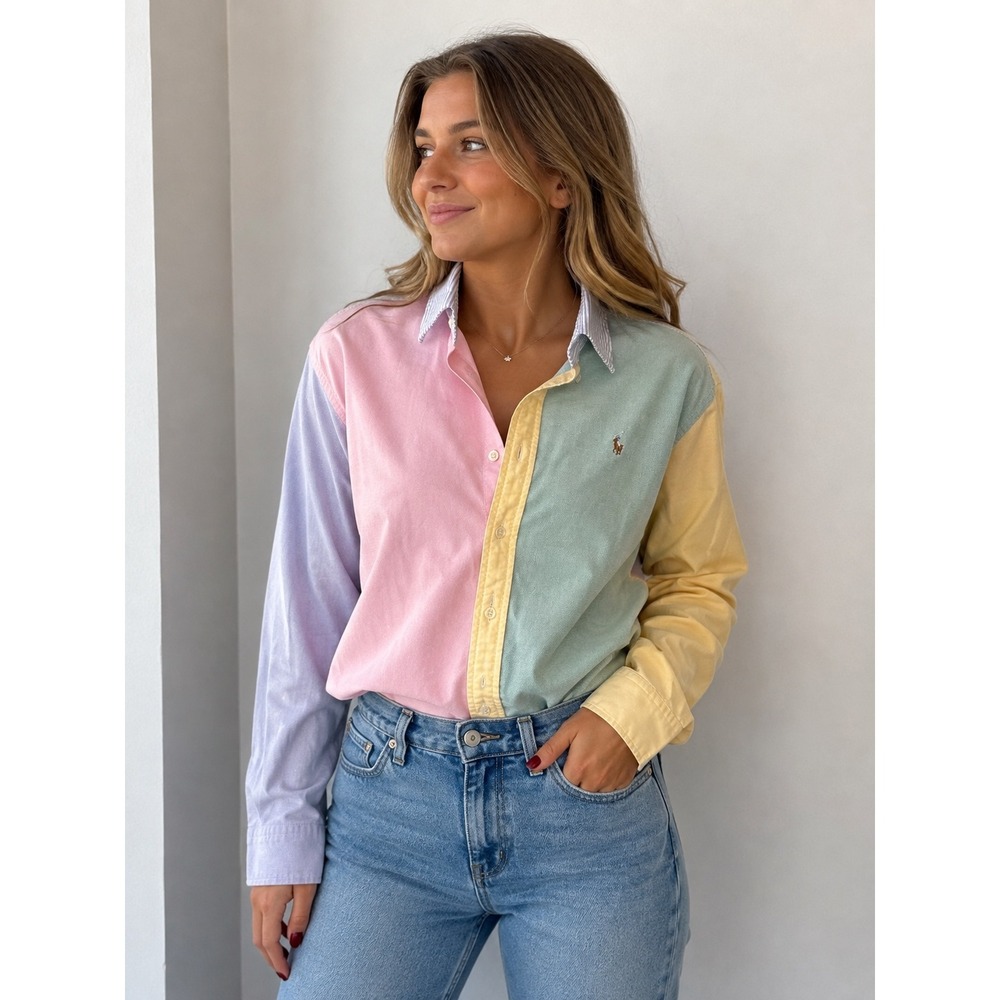 Ralph Lauren Womens Custom Fit Colorblock Oxford Shirt Pastel Multi Size XS